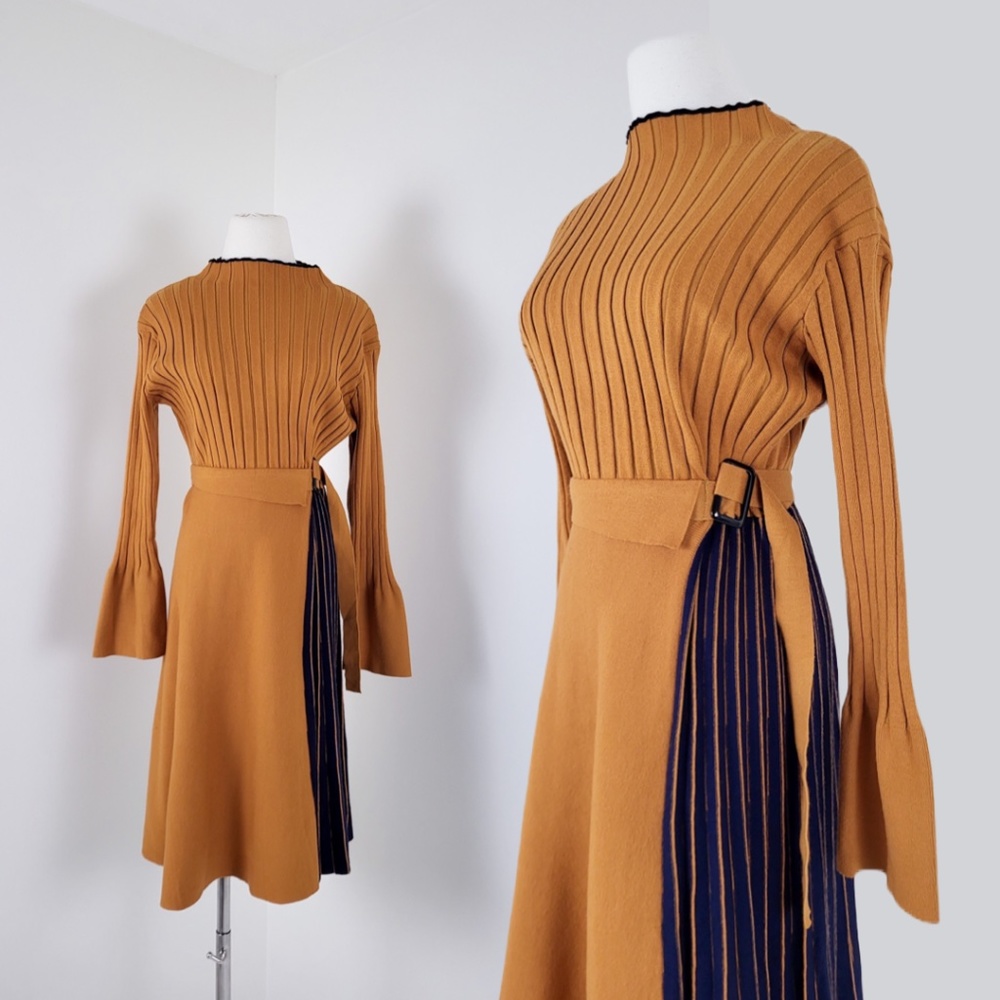 Dalia Macphee ribbed midi dress circle skirt long sleeve bell high neckline